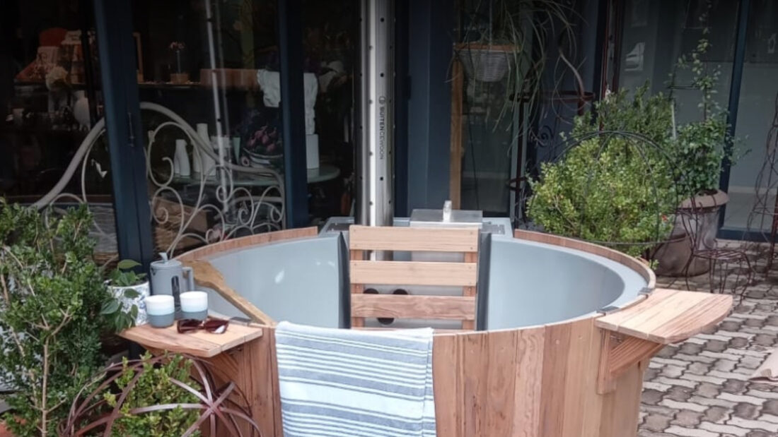 Wood-fired hot tub on display at Garden Bleu in Sandton, Johannesburg