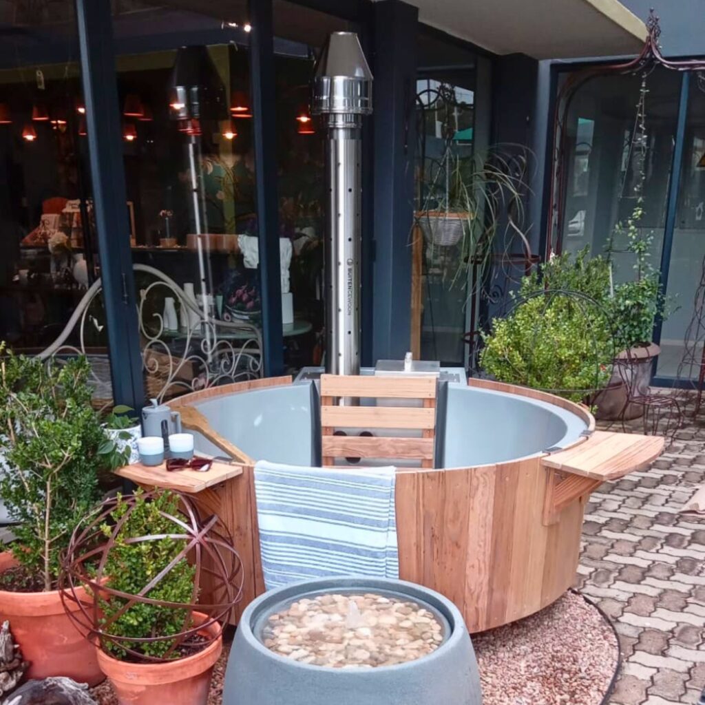 Wood-fired hot tub on display at Garden Bleu in Sandton, Johannesburg