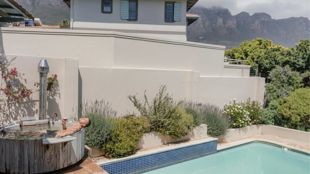 Man enjoying morning coffee in a wood-fired hot tub at home